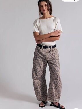 Wide Leg Leopard Print Jeans - Neutral Tones